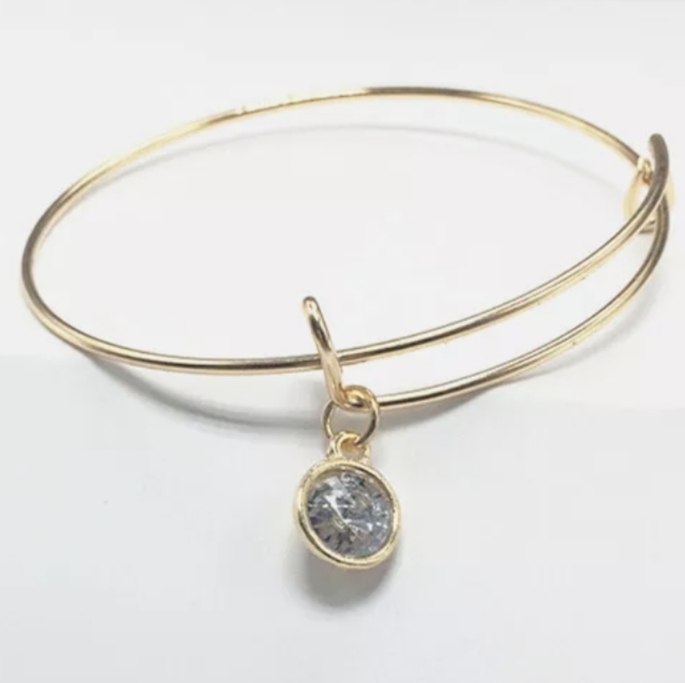 New Clear White April Birthstone Gold Bangle Bracelet.